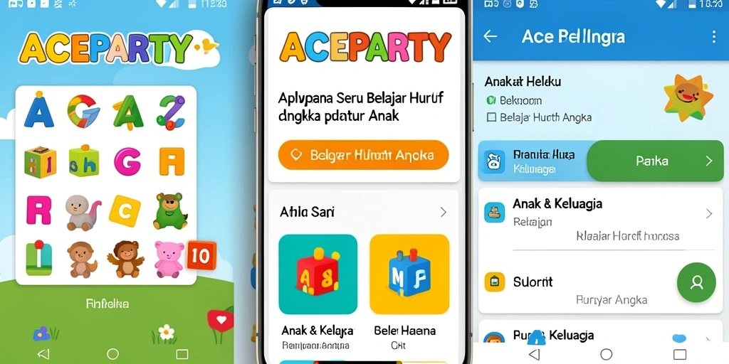 Tampilan antarmuka ACEPARTY dengan fitur belajar huruf dan angka.