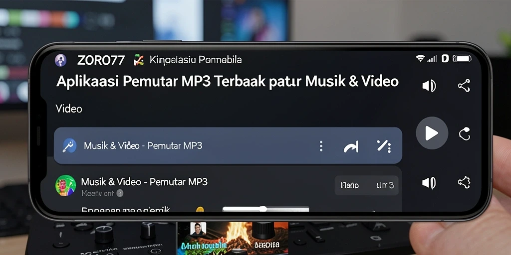 Tampilan antarmuka ZORO77 saat memutar musik MP3 dengan fitur lirik.